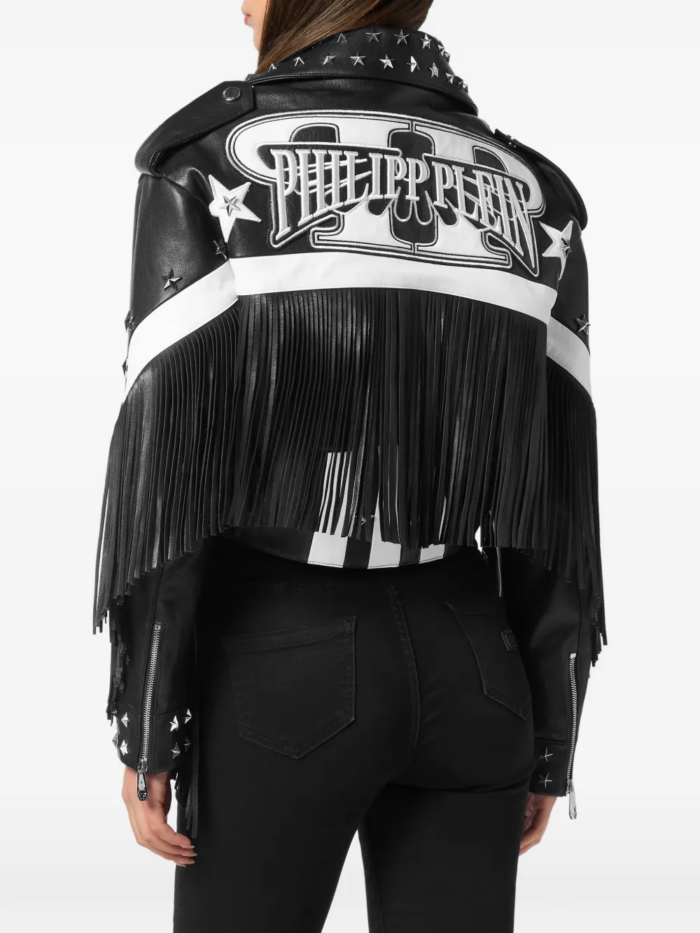 Philipp Plein Moon biker leren jack met franje Zwart