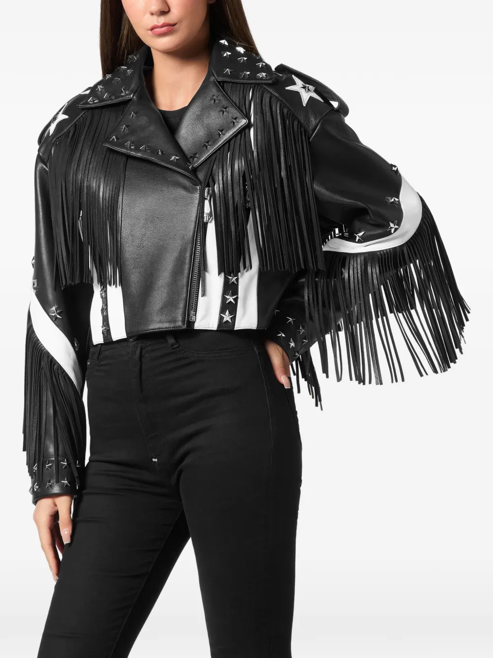 Philipp Plein Moon biker leren jack met franje Zwart