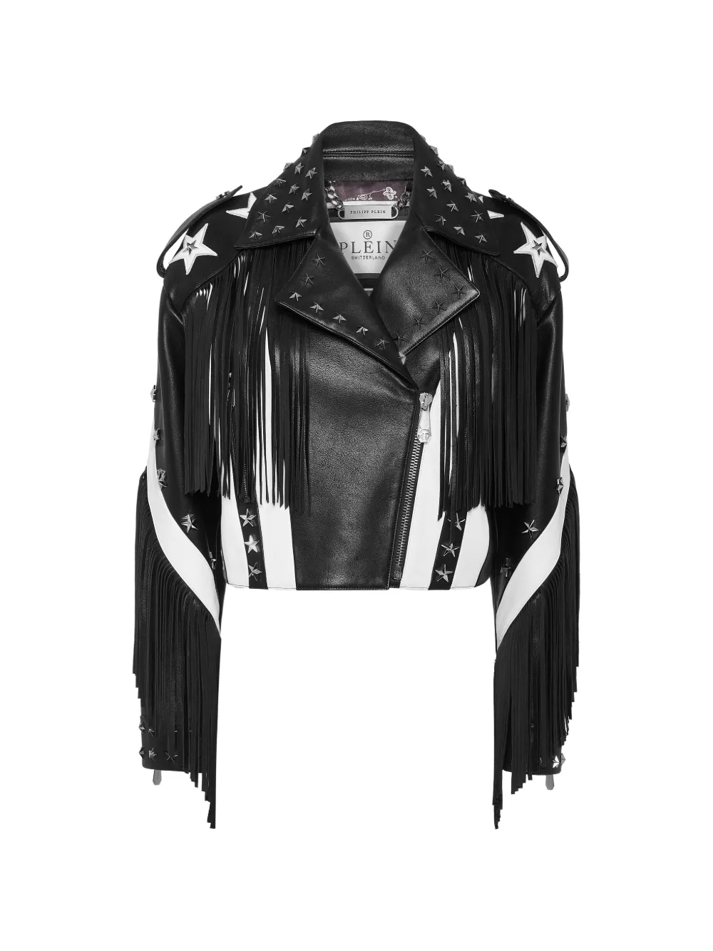 Philipp Plein Moon biker leren jack met franje Zwart