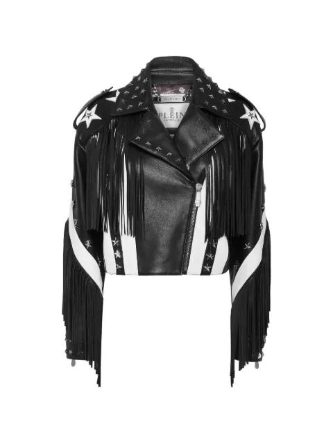 Philipp Plein Jaqueta biker Moon de couro com franjas