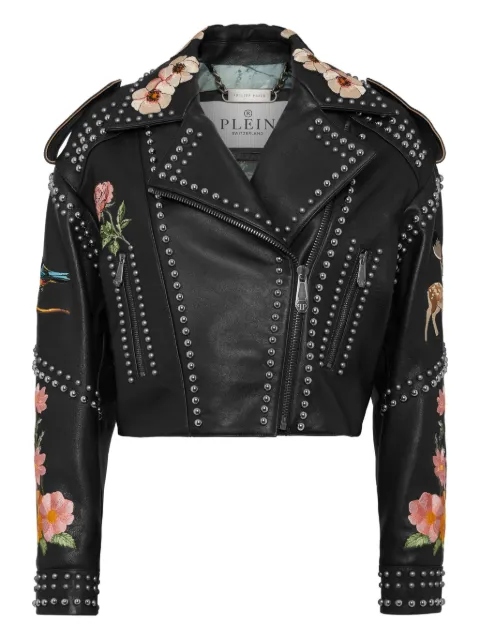 Philipp Plein floral-embroidery studded leather biker jacket