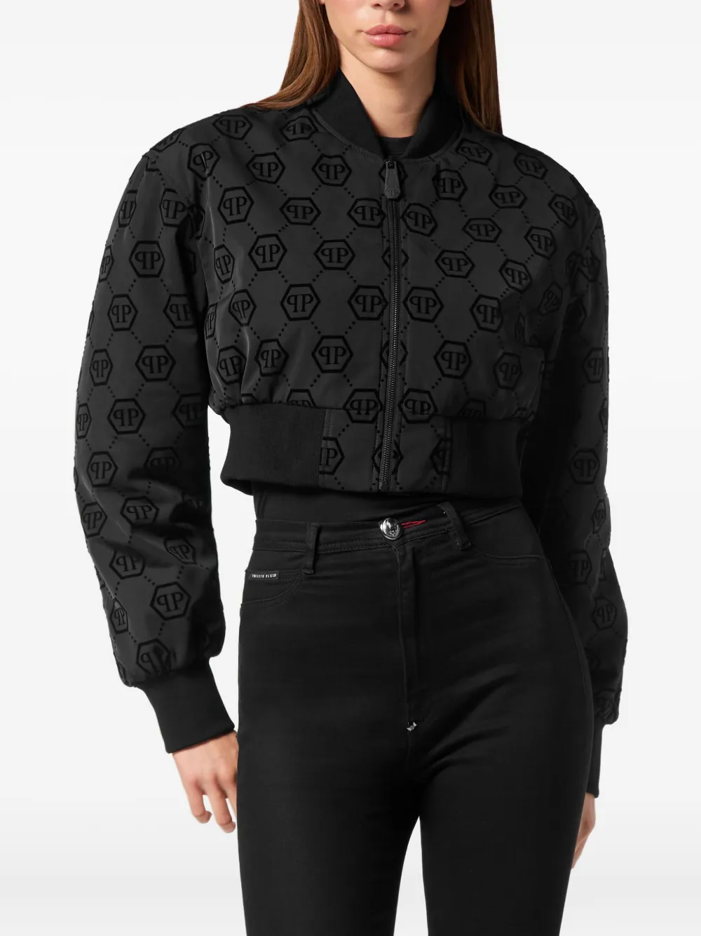  Philipp Plein Monogram Flocked Bomber Jacket - Black 