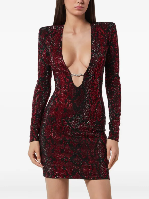 Philipp Plein - Long-Sleeved Mini Dress Python Strass - Red