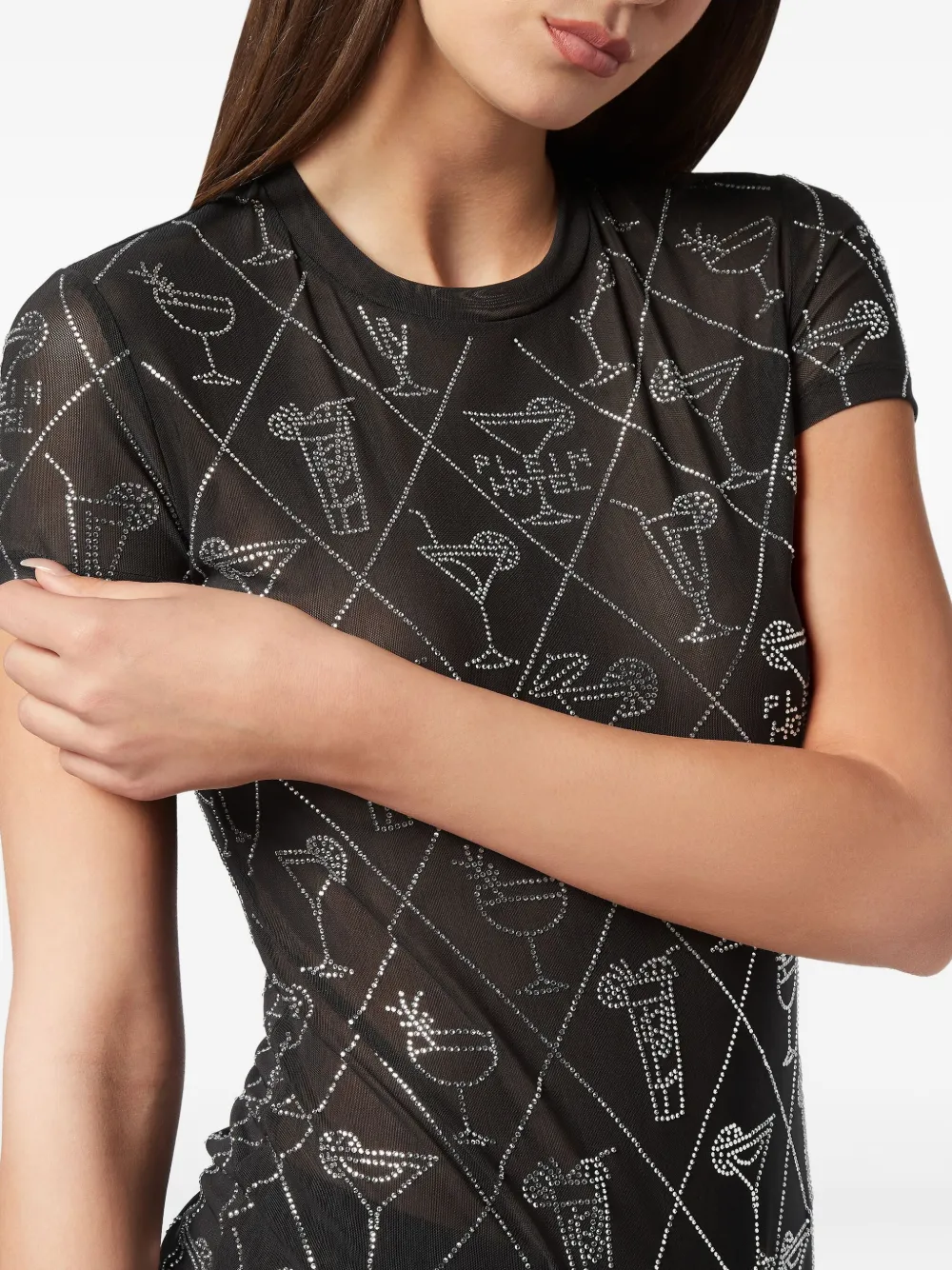 Philipp Plein Crystal-embellished Mesh T-shirt In Black