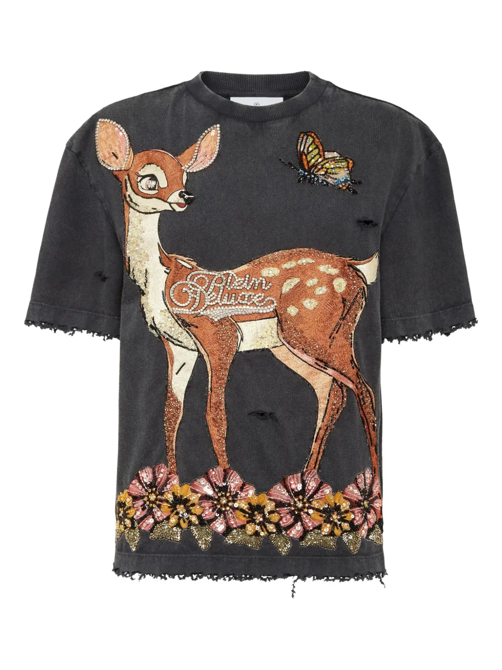 Philipp Plein Pailletten-T-Shirt mit Reh-Print - Schwarz