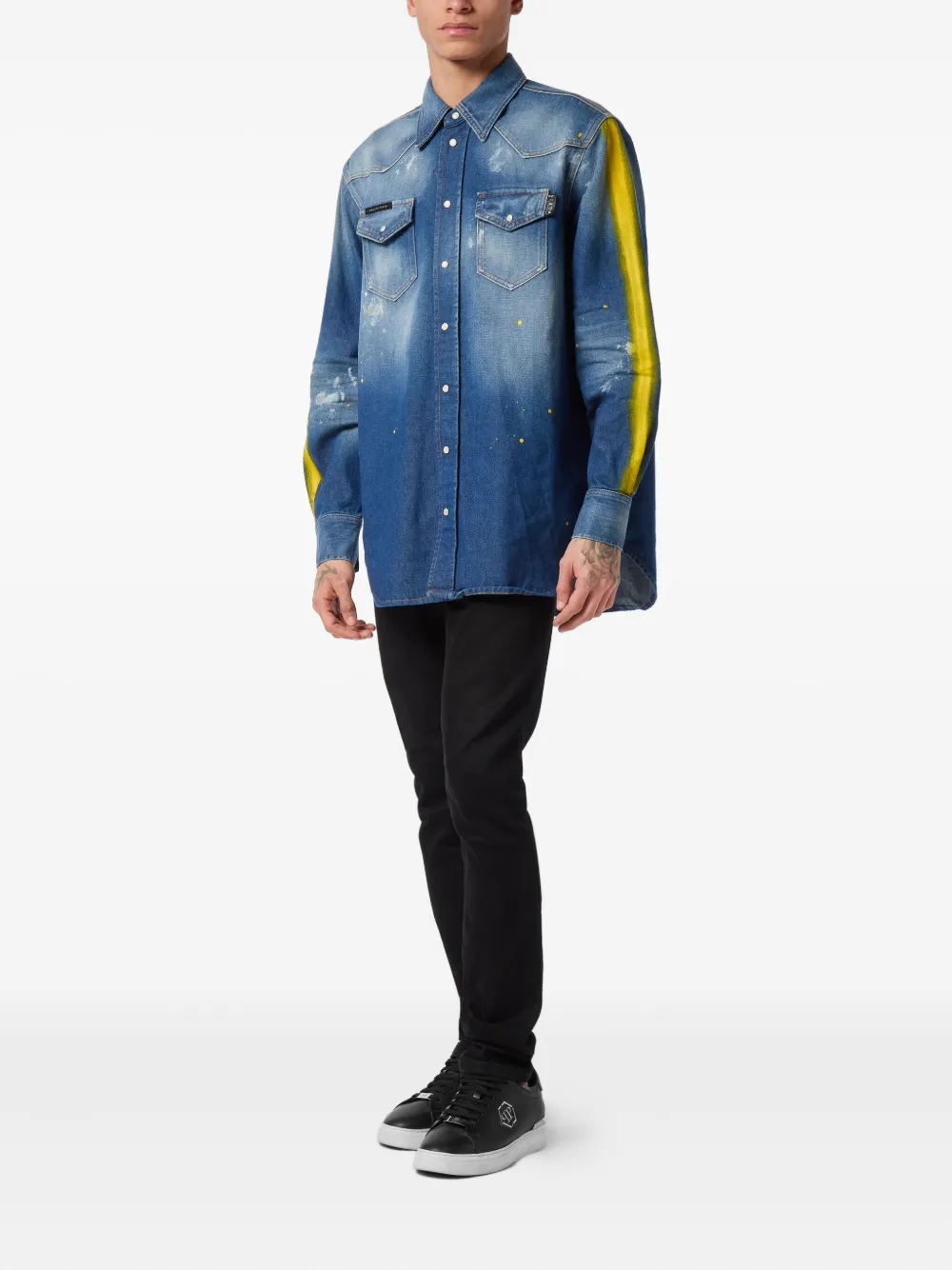 Philipp Plein Denim overhemd met verfspatten - Blauw