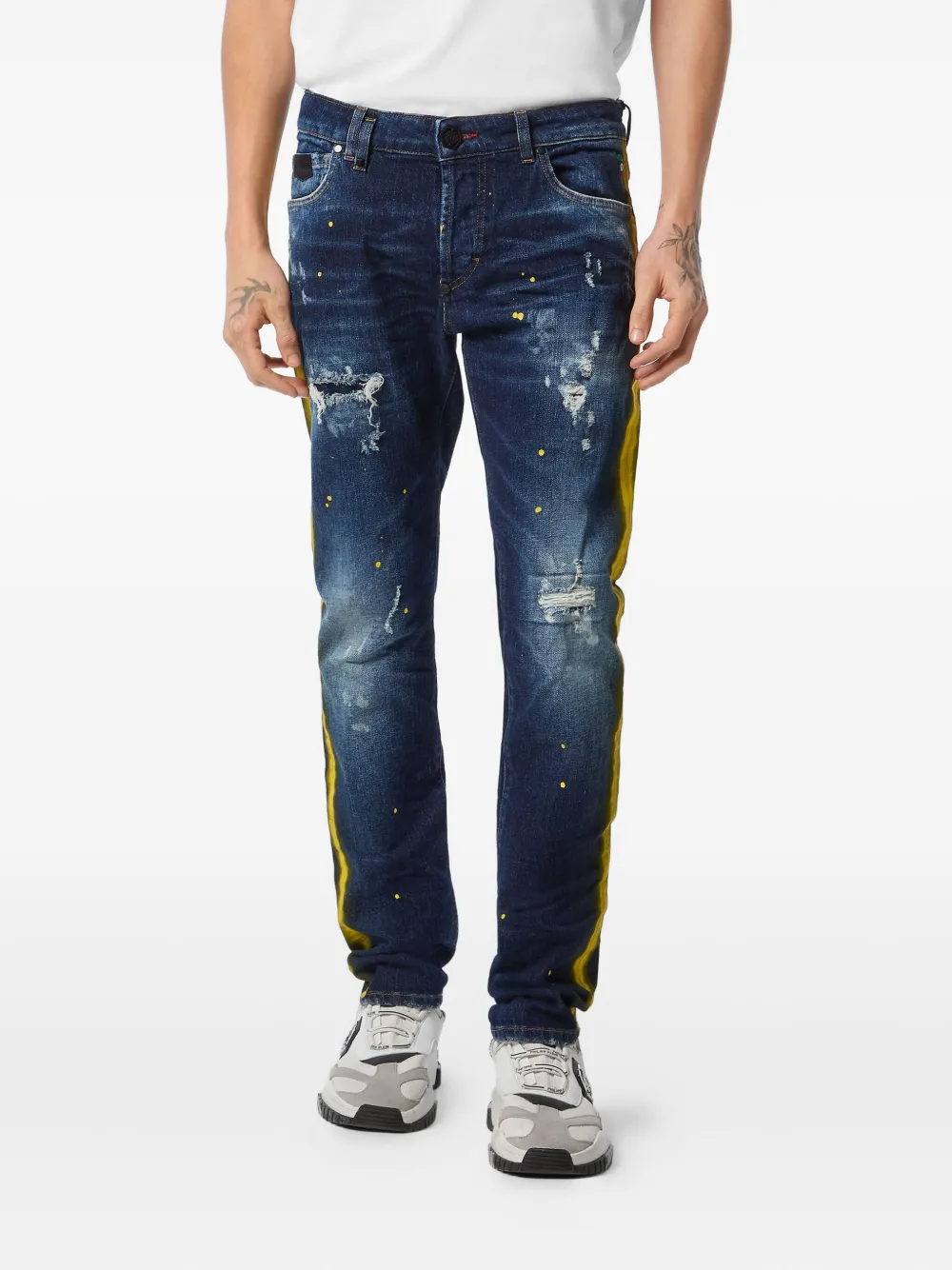 Philipp Plein Jeans met verfspatten en streep Blauw