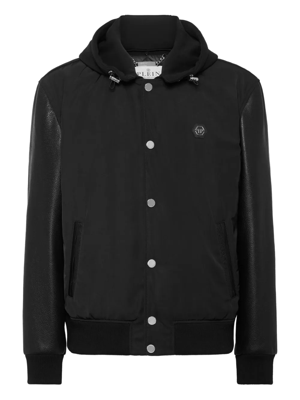 Philipp Plein Bomberjack met leren vlakken en capuchon Zwart