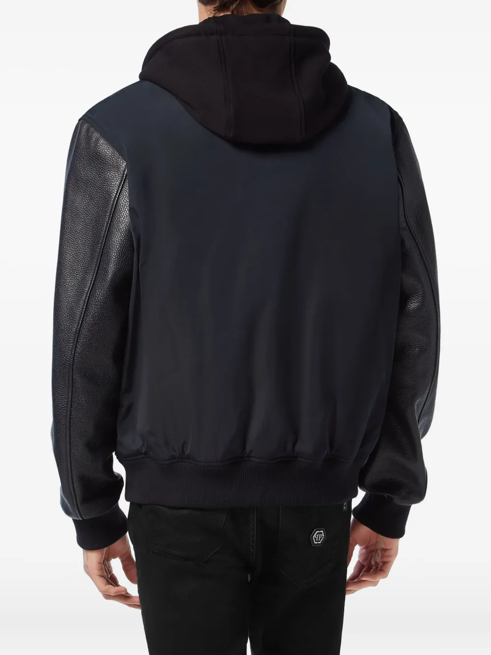 Philipp Plein Bomberjack met leren vlakken en capuchon Blauw
