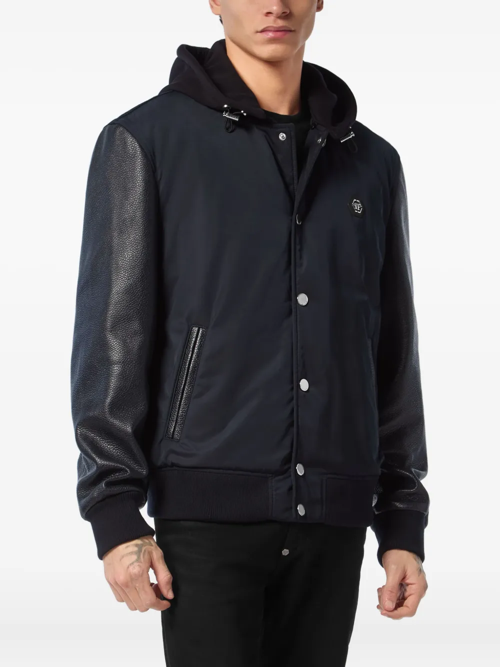 Philipp Plein Bomberjack met leren vlakken en capuchon Blauw