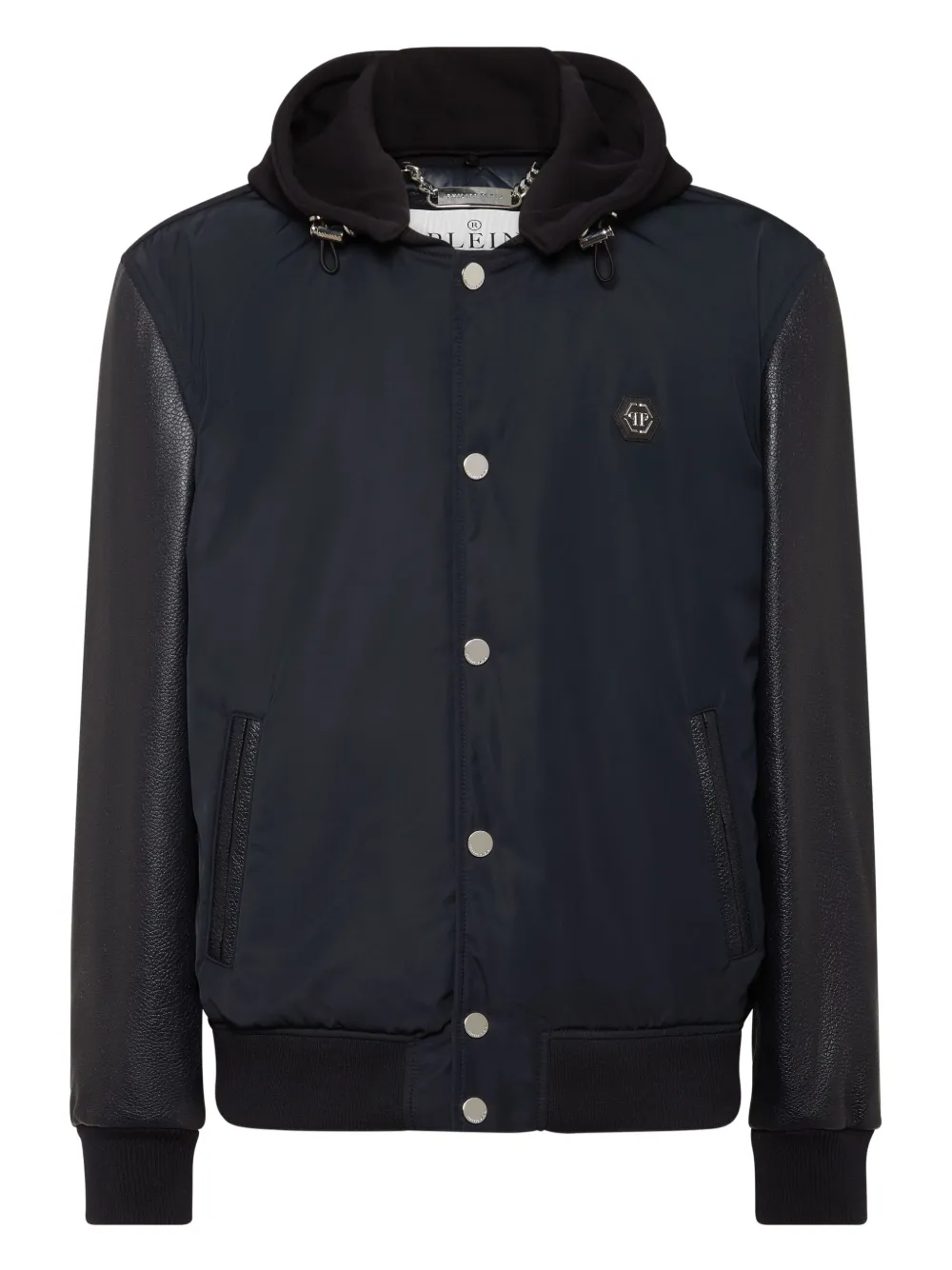 Philipp Plein Bomberjack met leren vlakken en capuchon Blauw