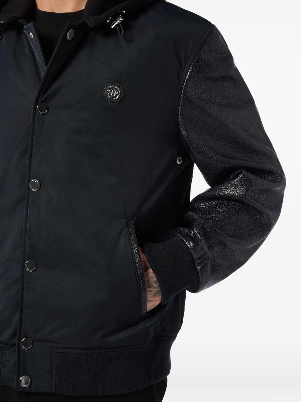 Philipp Plein Bomberjack met leren vlakken en capuchon Blauw