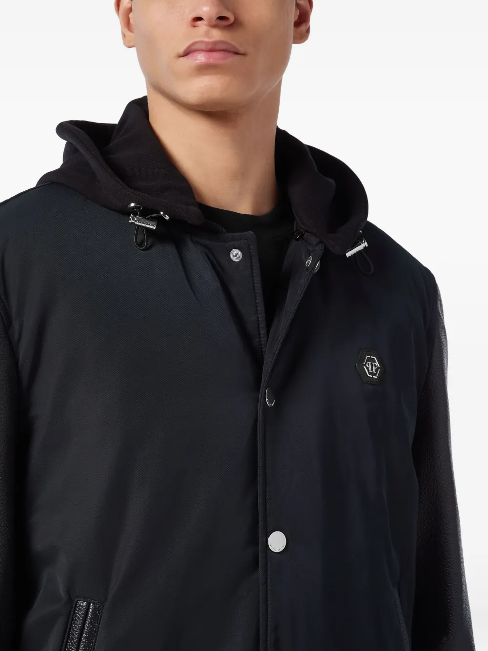 Philipp Plein Bomberjack met leren vlakken en capuchon Blauw