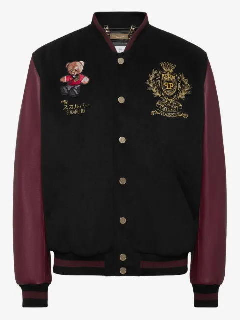 Philipp Plein teddy-bear leather-sleeve bomber jacket