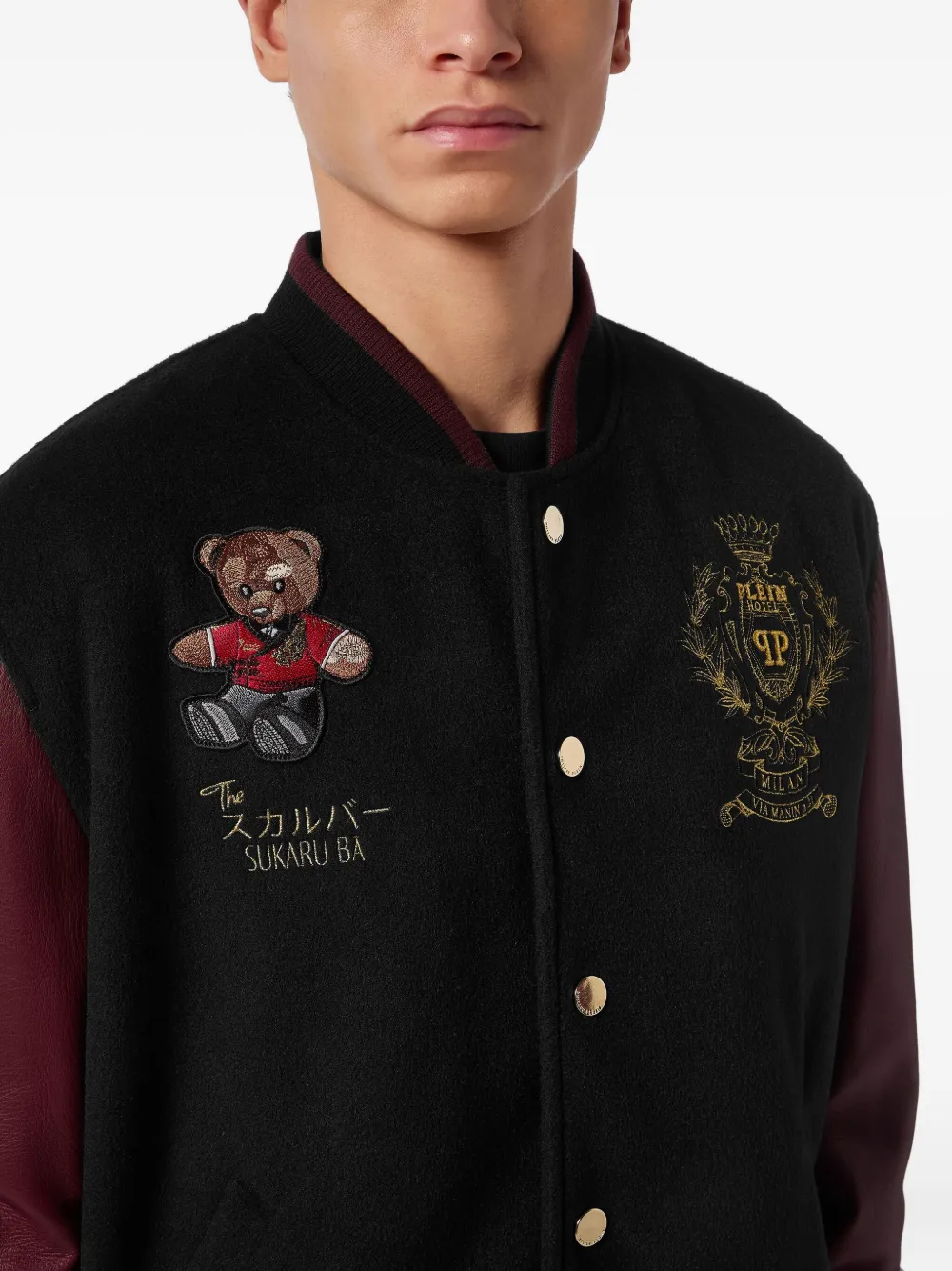 Philipp Plein Bomberjack met leren mouwen en teddybeer Zwart