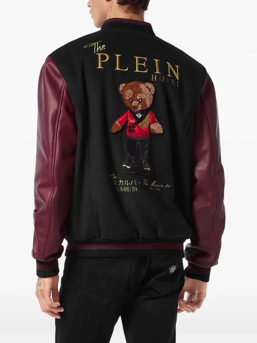 Philipp Plein Bomberjack met leren mouwen en teddybeer Zwart