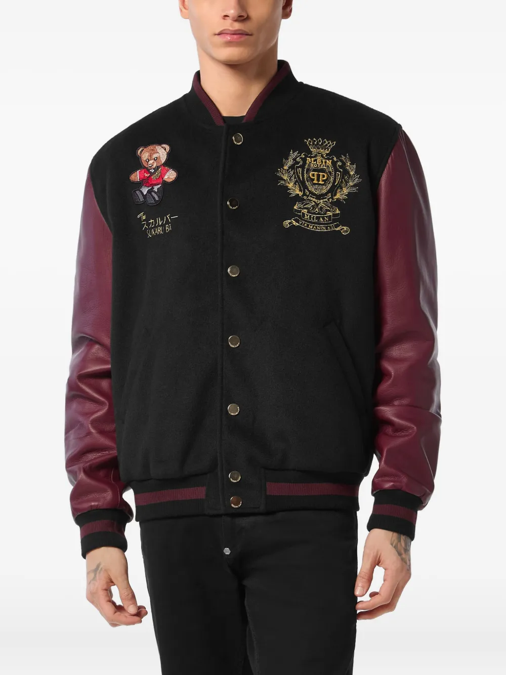 Philipp Plein Bomberjack met leren mouwen en teddybeer Zwart