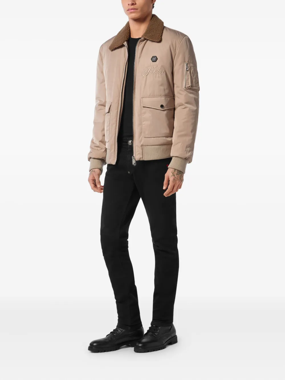 Philipp Plein shearling-collar bomber jacket Beige
