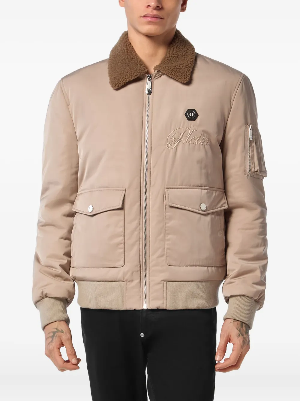 Philipp Plein shearling-collar bomber jacket Beige