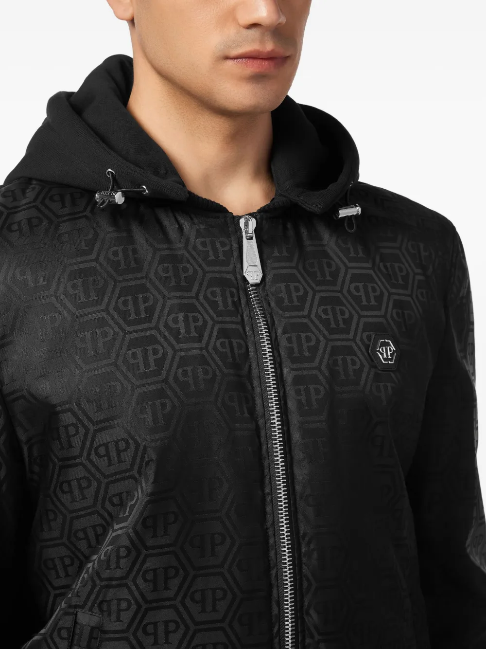 Philipp Plein Bomberjack met capuchon en logopatroon Zwart