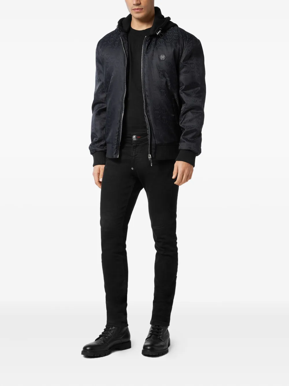 Philipp Plein logo-pattern hooded bomber jacket Blauw