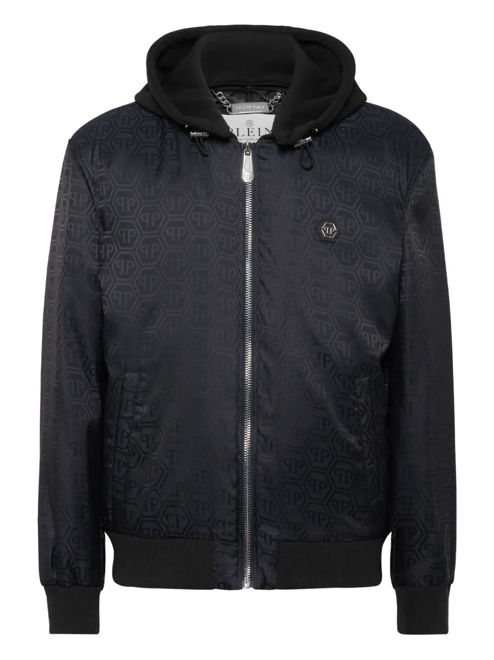 Philipp Plein logo-pattern hooded bomber jacket Blauw