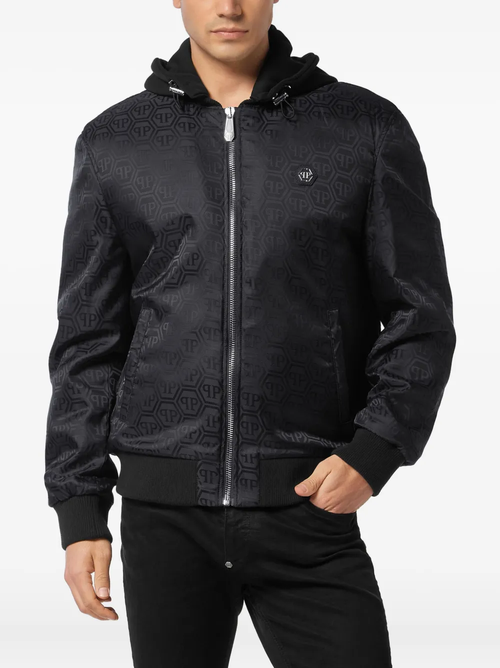 Philipp Plein logo-pattern hooded bomber jacket Blauw