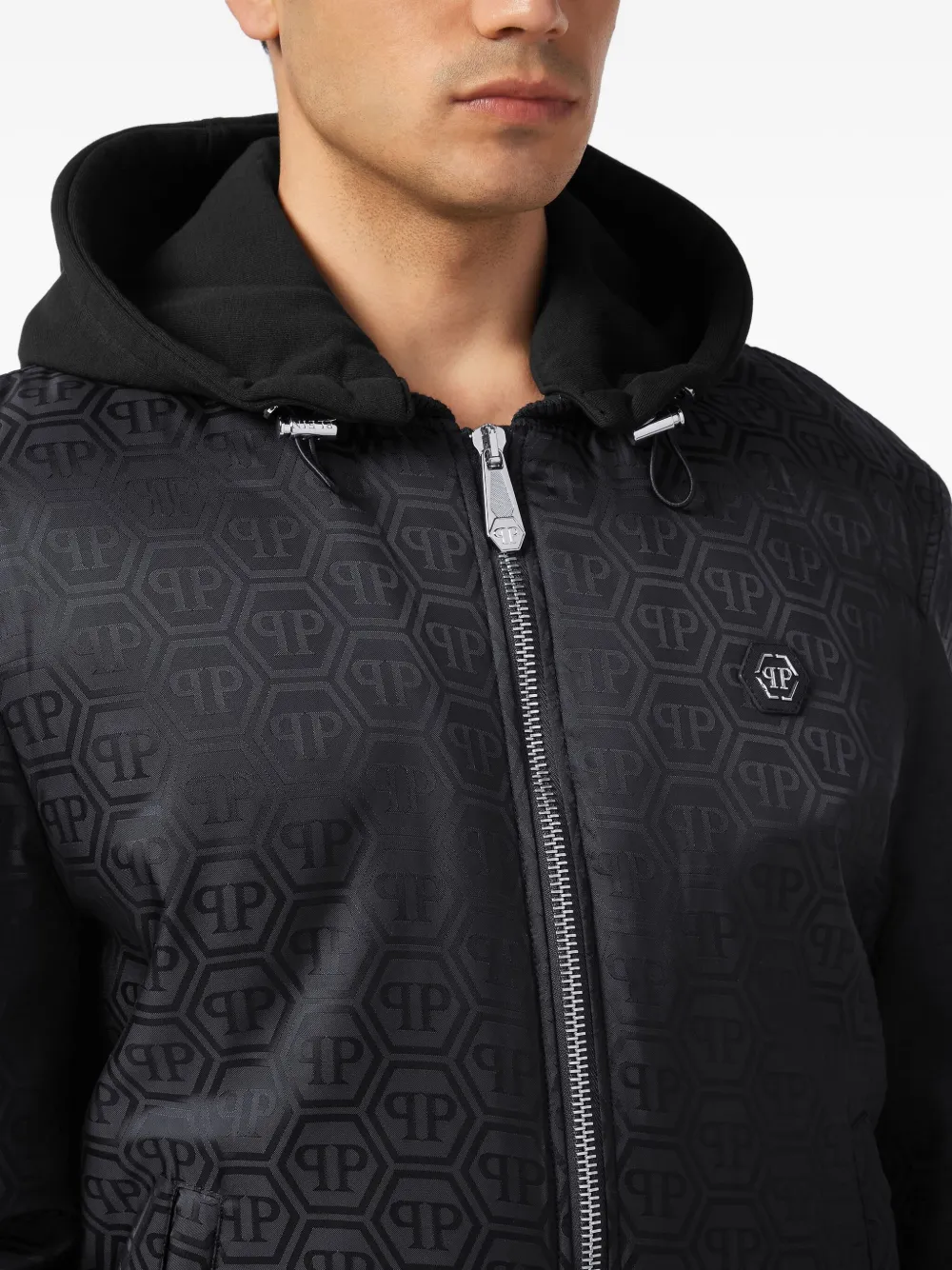 Philipp Plein logo-pattern hooded bomber jacket Blauw