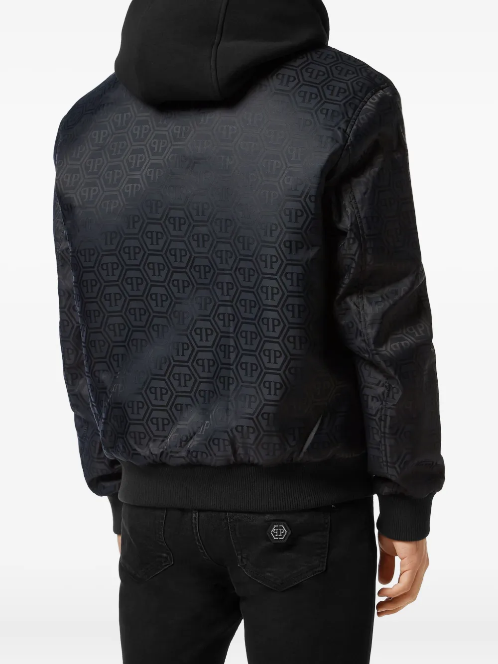 Philipp Plein logo-pattern hooded bomber jacket Blauw
