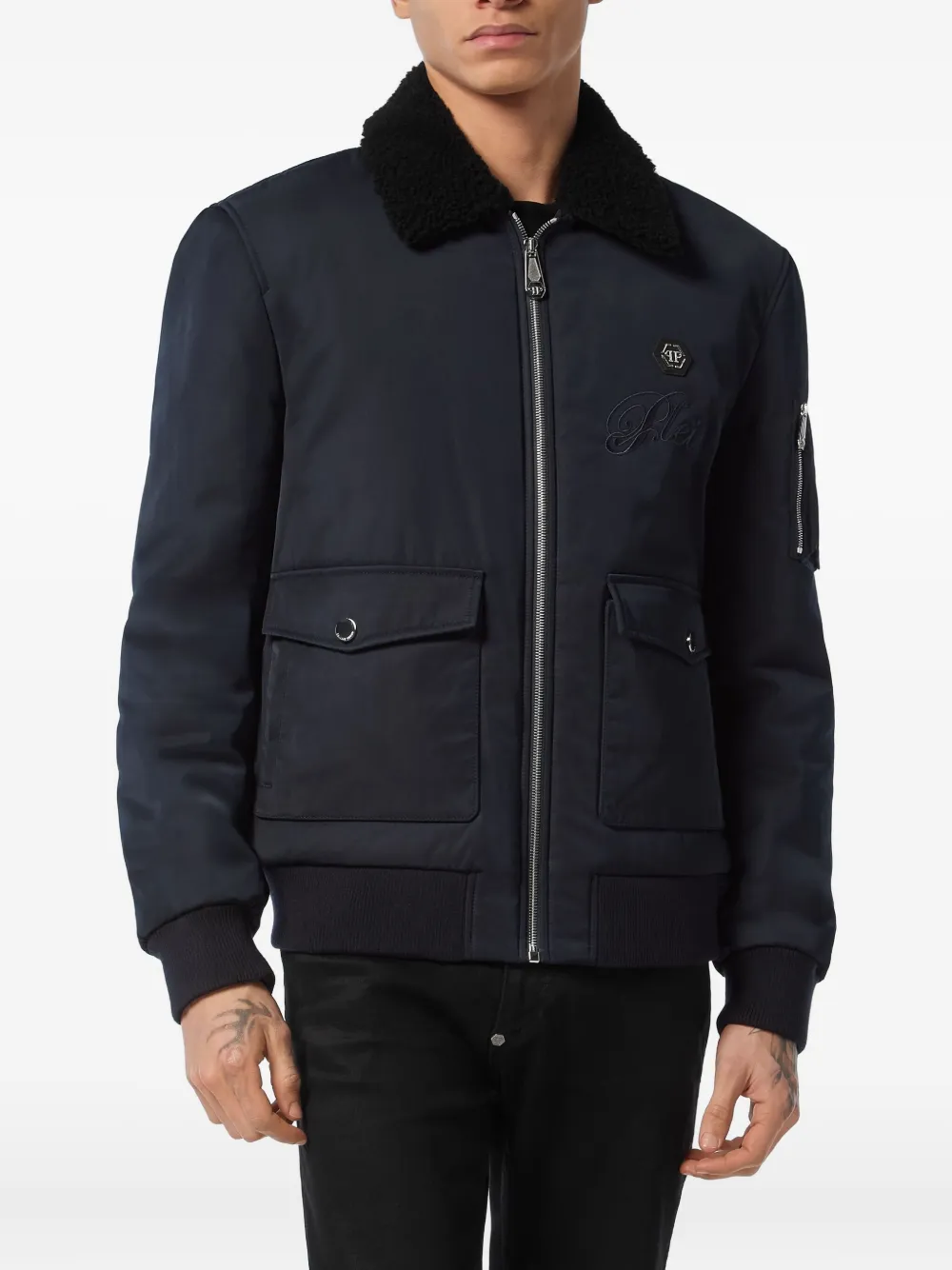 Philipp Plein shearling-collar bomber jacket Blauw