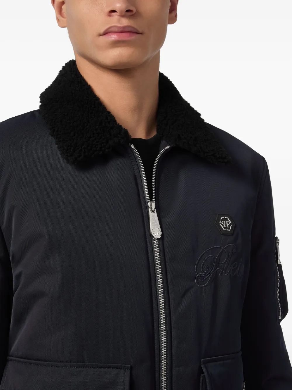 Philipp Plein shearling-collar bomber jacket Blauw