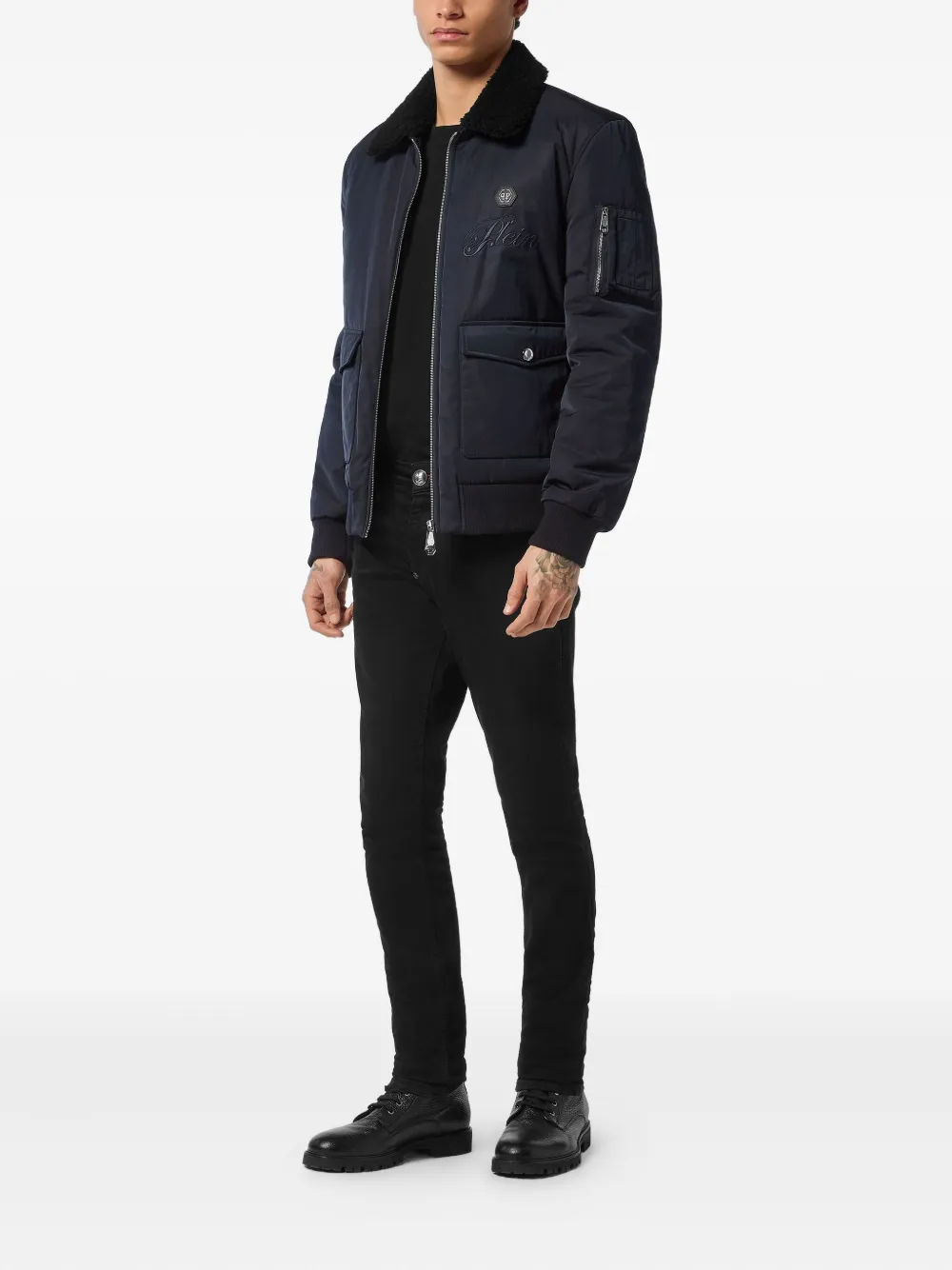 Philipp Plein shearling-collar bomber jacket Blauw