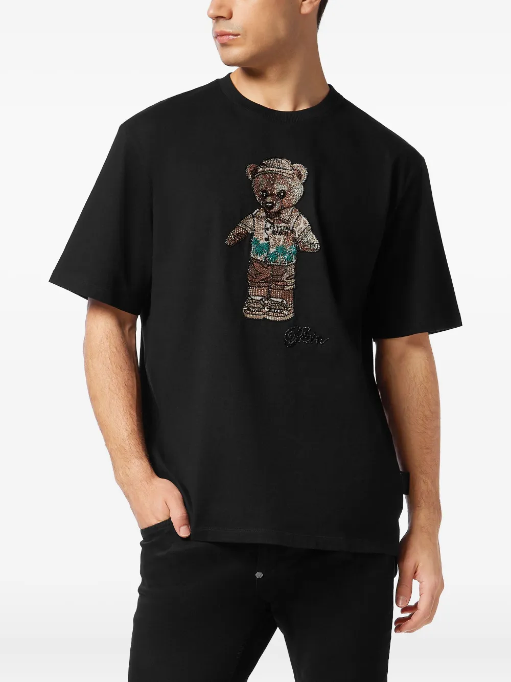Philipp Plein T-shirt met teddybeer en kristallen - Zwart