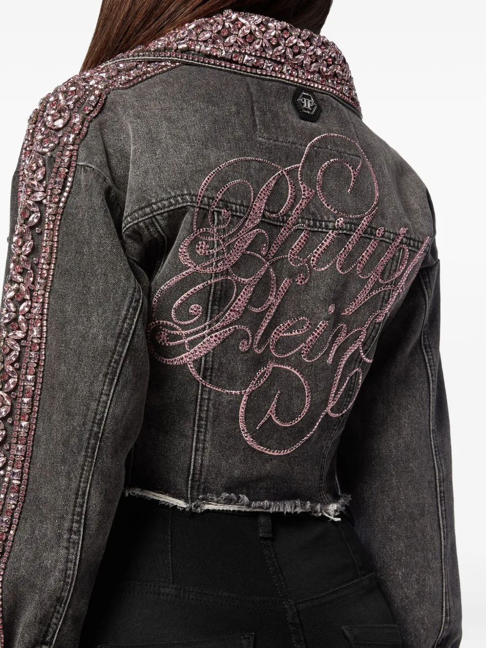 Philipp Plein Spijkerjack verfraaid met stras Grijs