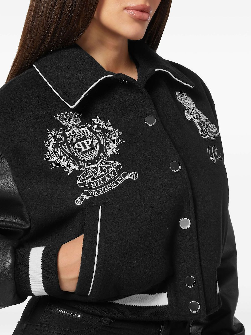 Philipp Plein Bomberjack met geborduurd logo en leren mouwen Zwart