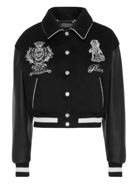 Philipp Plein leather-sleeve logo-embroidered bomber jacket