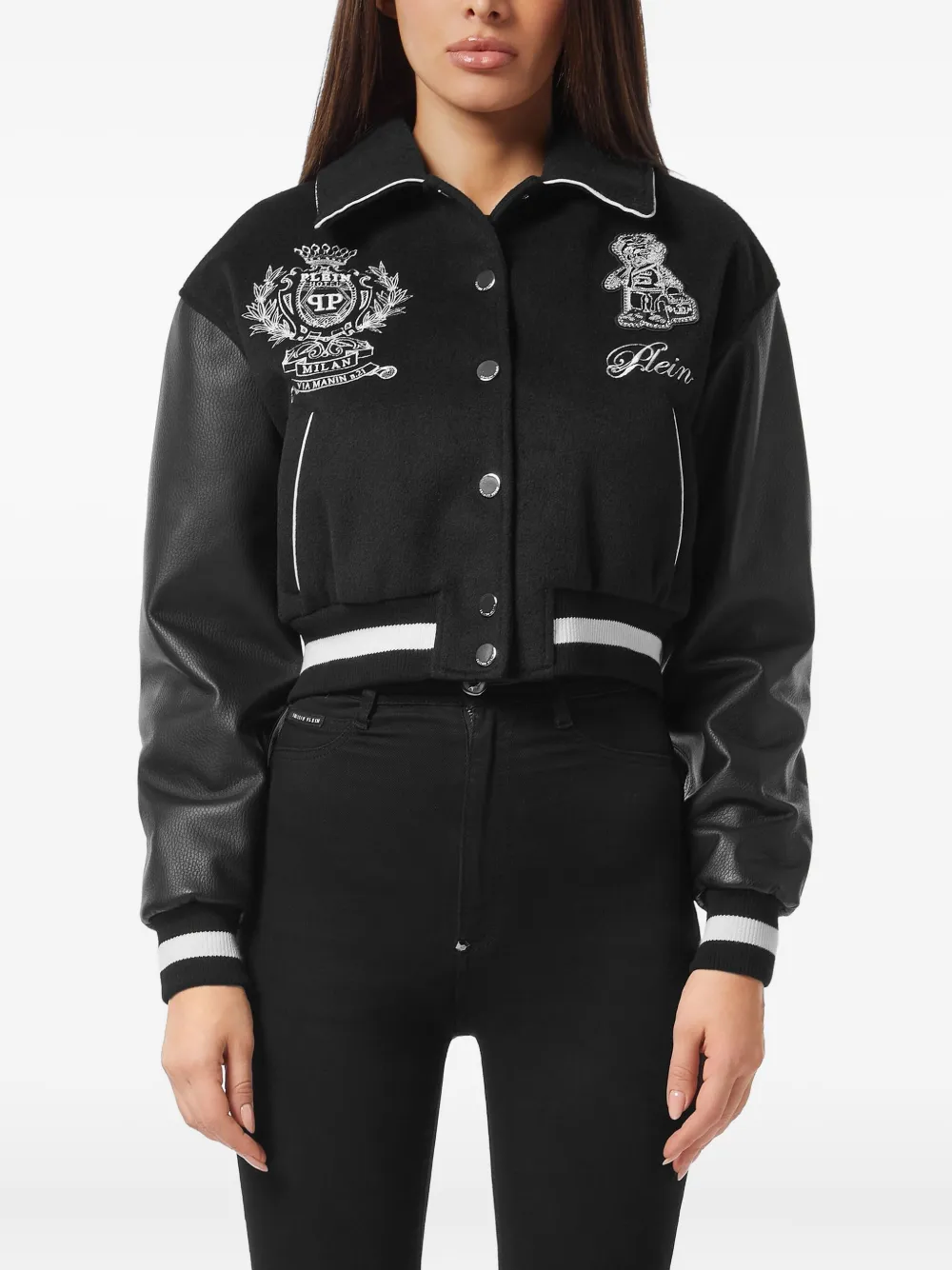 Philipp Plein leather-sleeve logo-embroidered bomber jacket | Varsity Jackets | Image 2