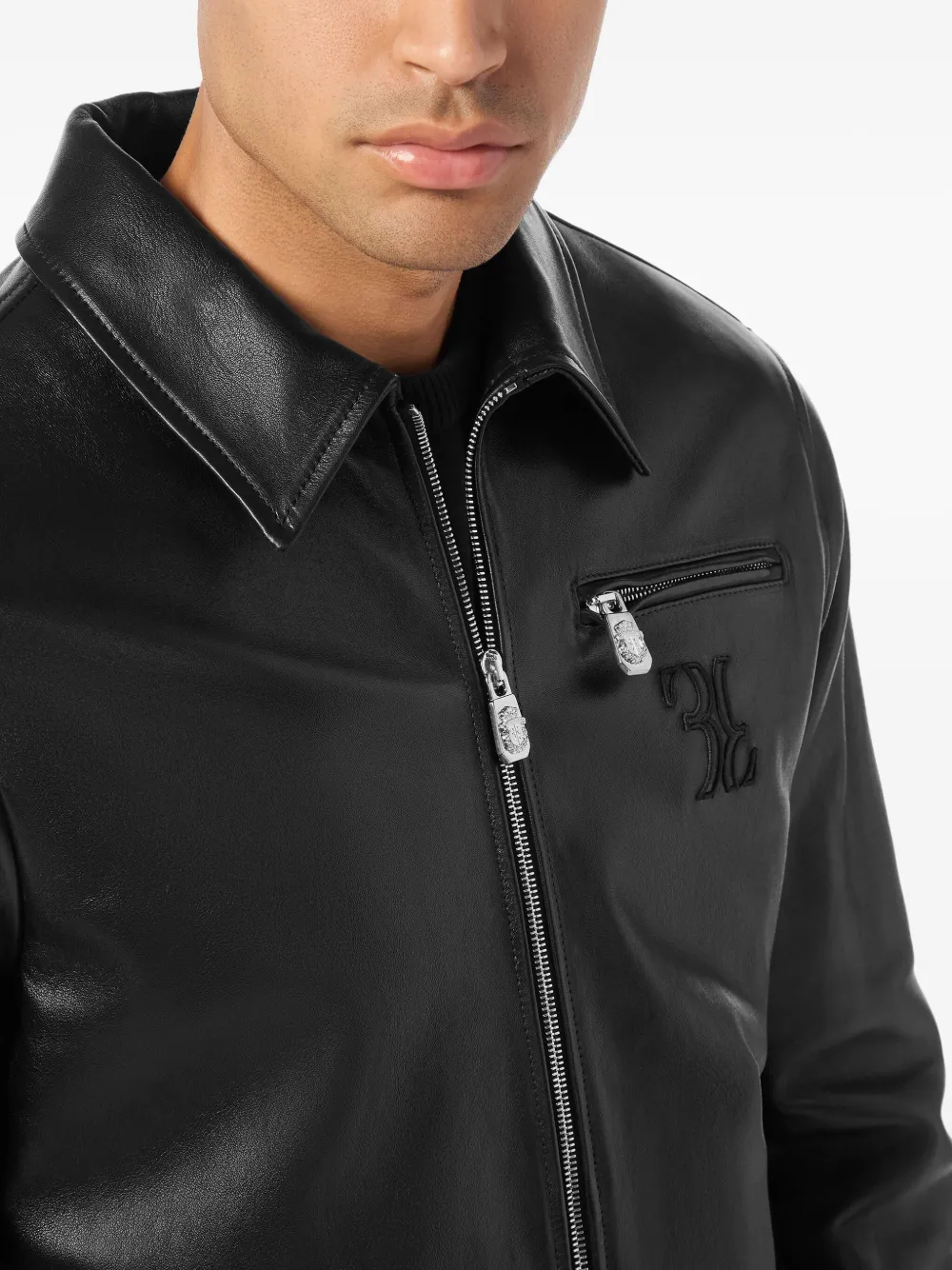 Billionaire Leren jack met geborduurd logo Zwart