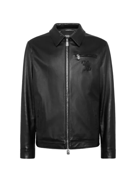 Billionaire embroidered-logo leather jacket 
