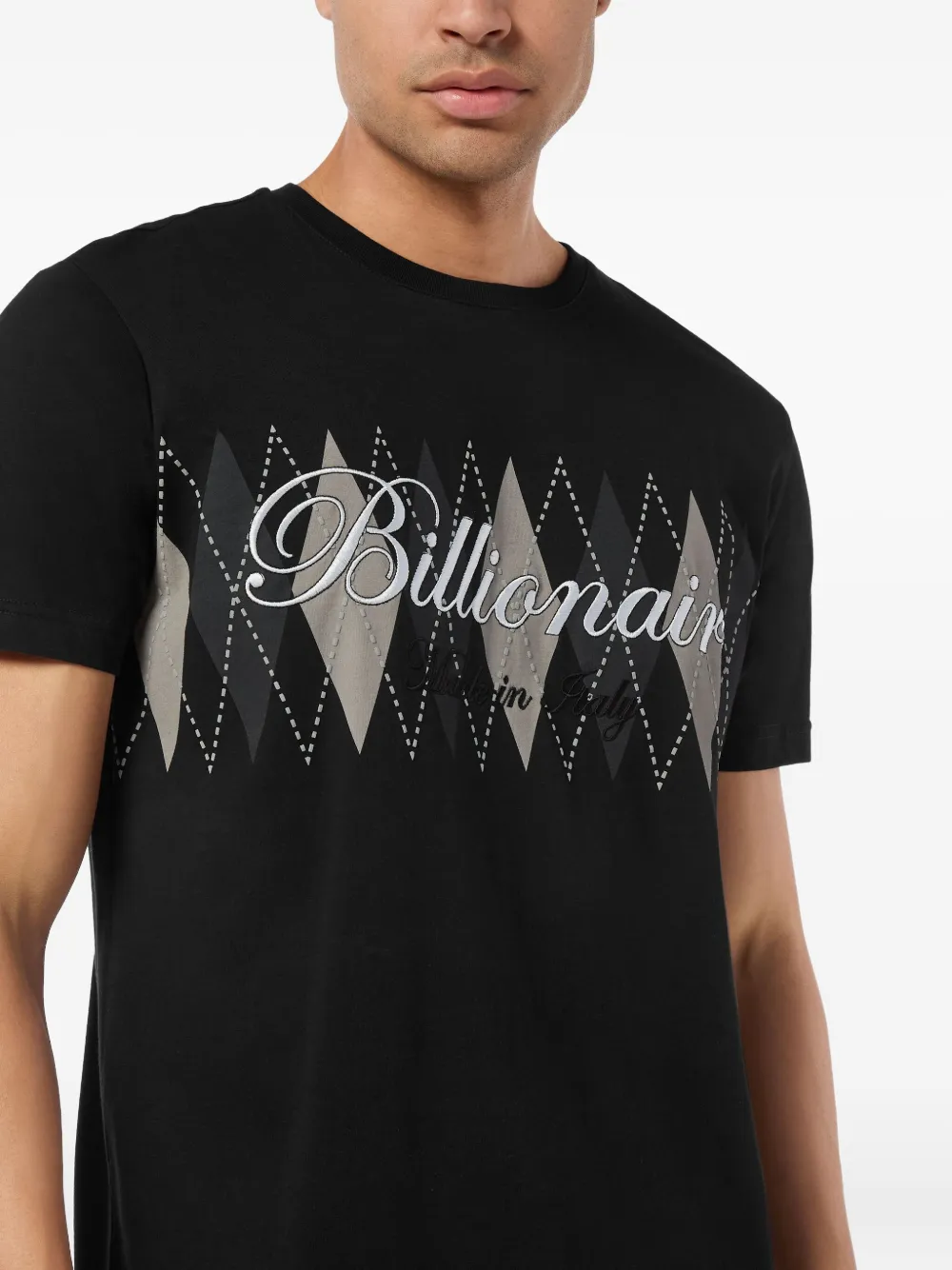 Billionaire T-shirt met argyle-patroon en logo Zwart