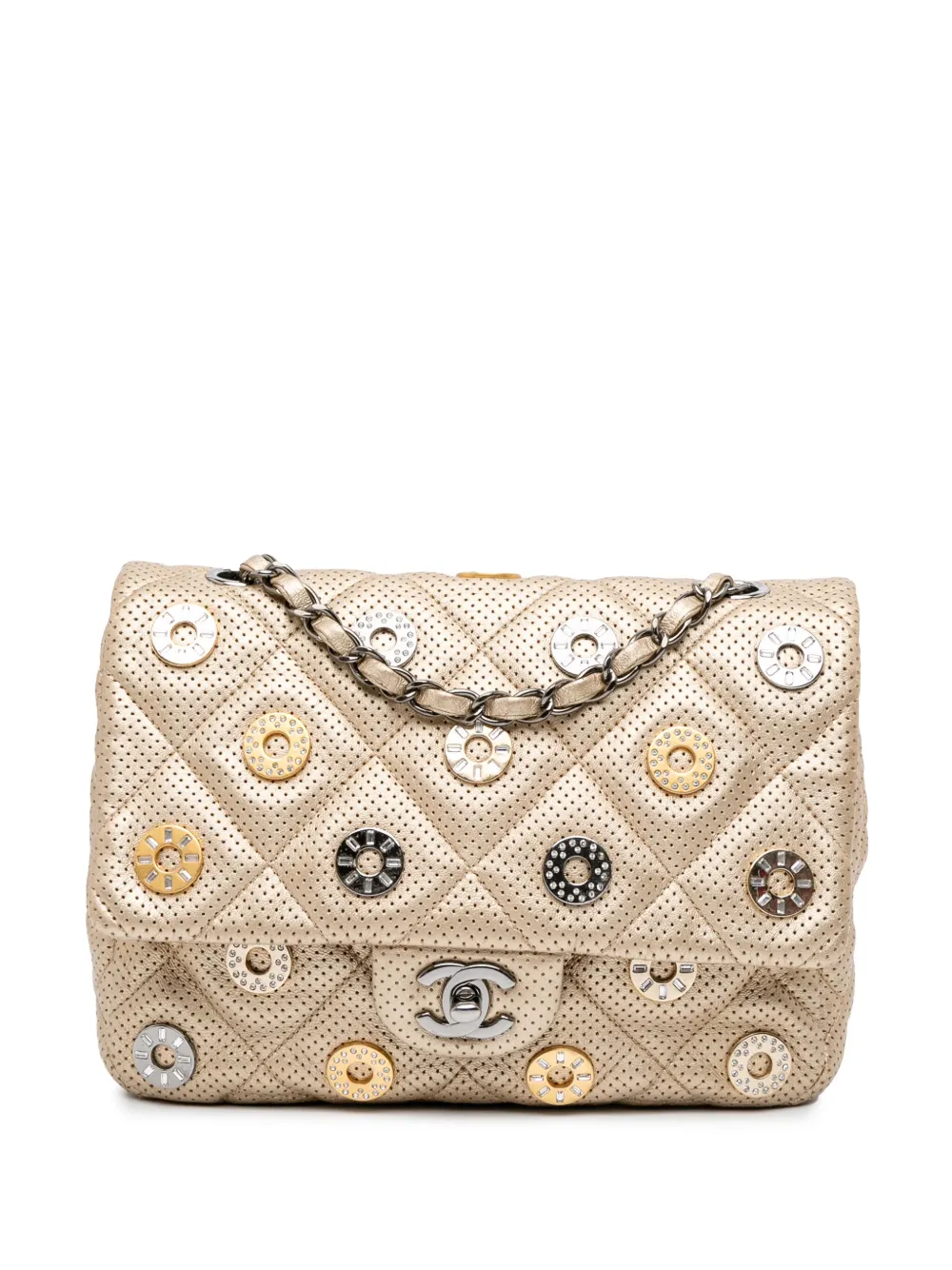 CHANEL Pre-Owned 2014-2015 パリ ドバイ スモール パーフォレーテッド メタリック ラムスキン メダル フラップ CHANEL Pre-Owned 2014-2015 パリ ドバイ スモール パーフォレーテッド メタリック ラムスキン メダル フラップ
