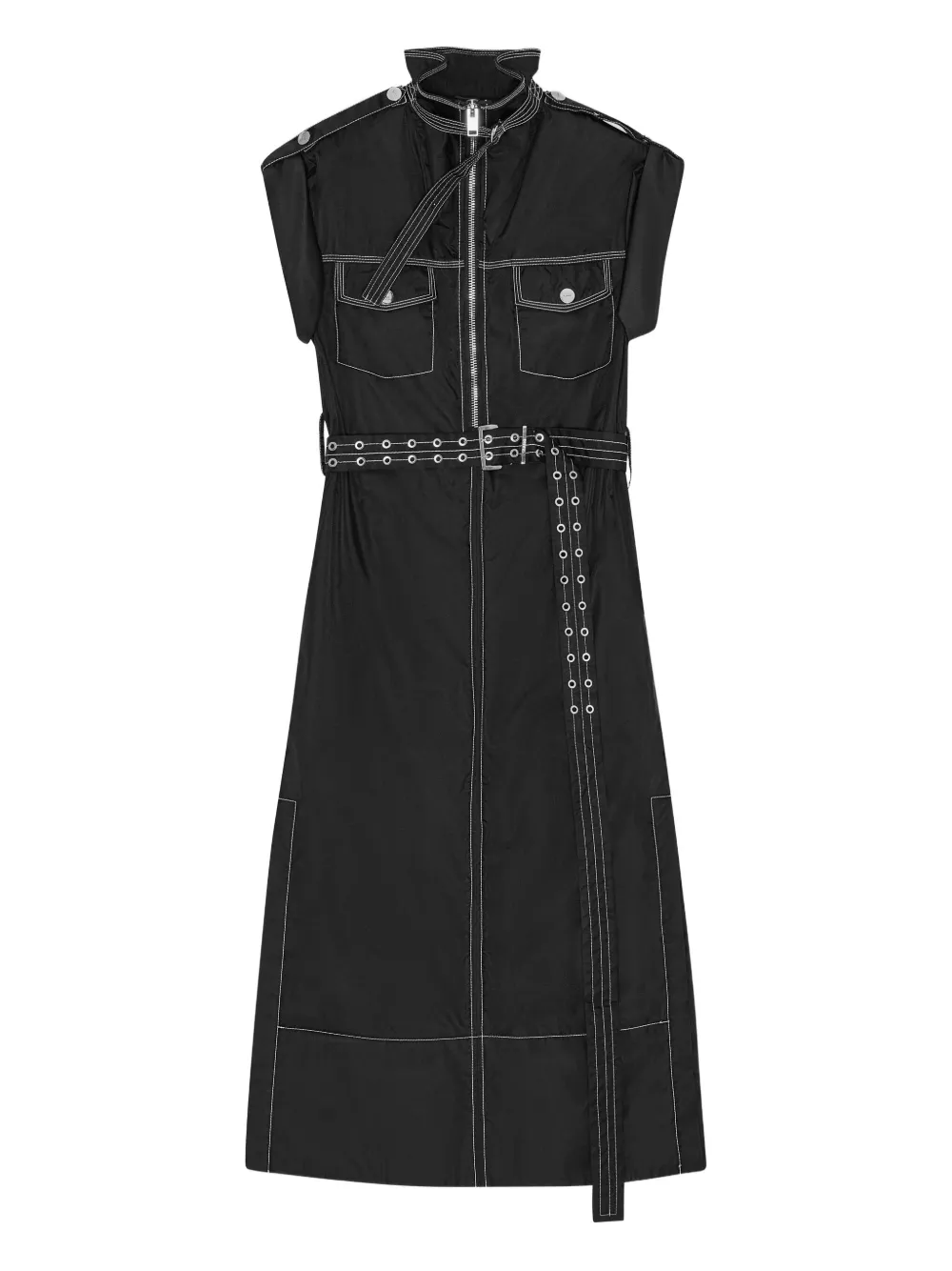 high-collar belted shirt dress