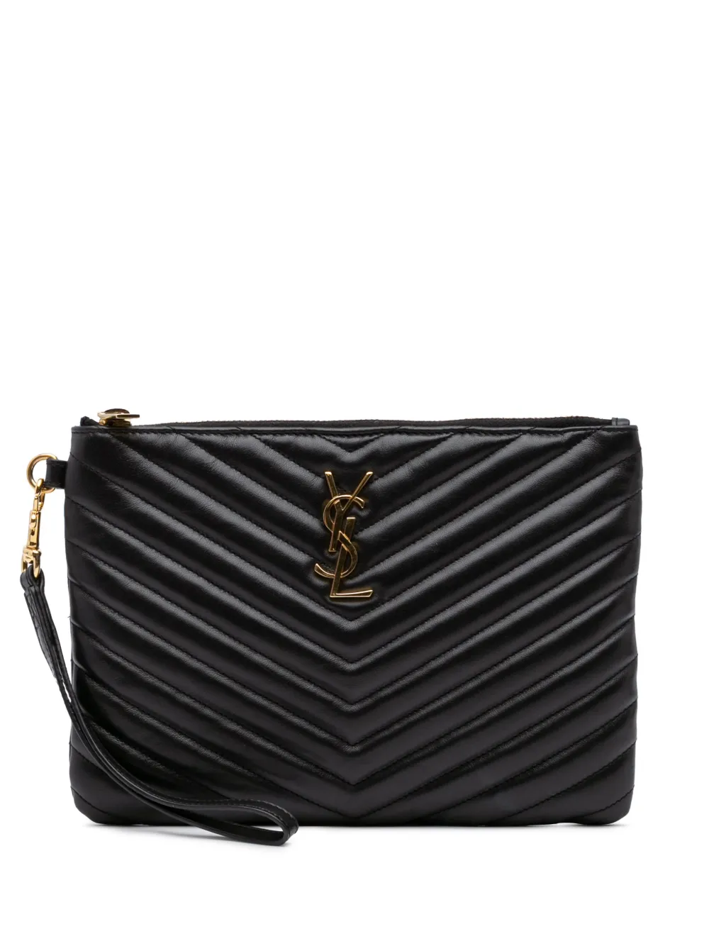 Pre-owned Saint Laurent 2018 Matelasse Chevron Leather Monogram Zip A5 Wristlet Pouch Clutch Bag