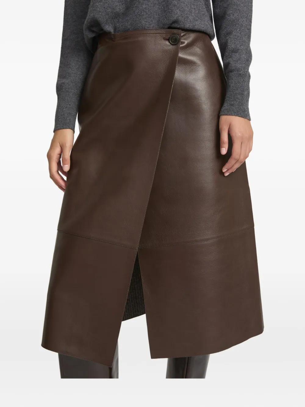 Yves Salomon Leather Wrap Midi Skirt In Brown