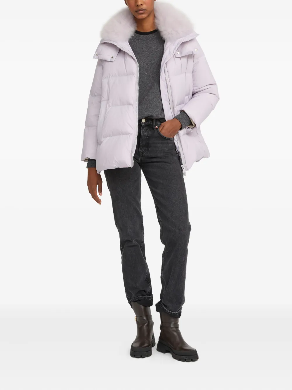 Yves Salomon lambshearling-collar down coat - Paars