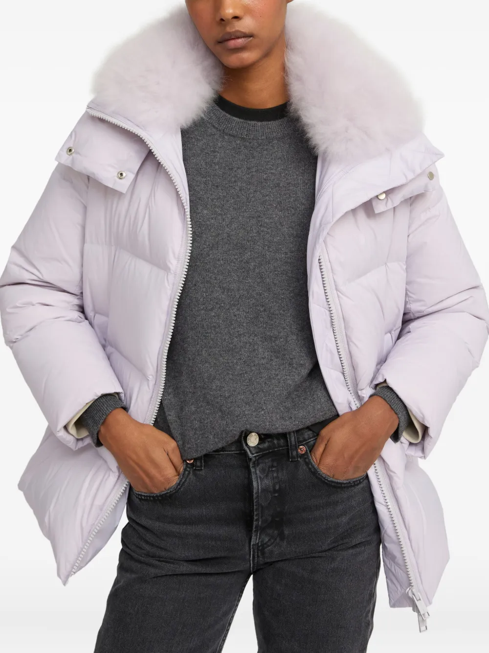 Yves Salomon Lambshearling-collar Down Coat In Purple