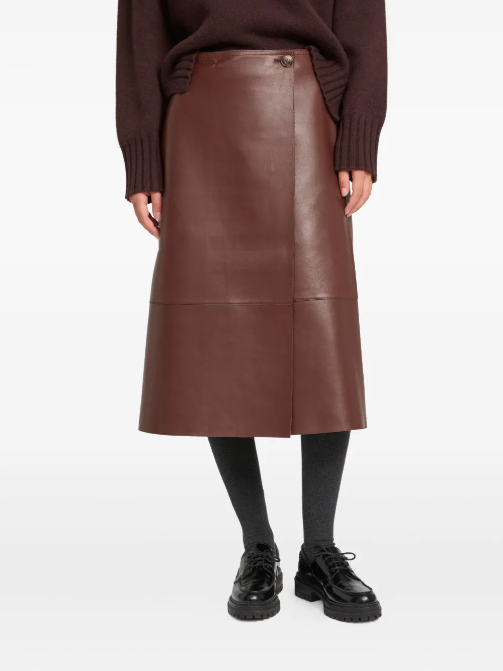 Yves Salomon Leather Wrap Midi Skirt In Brown