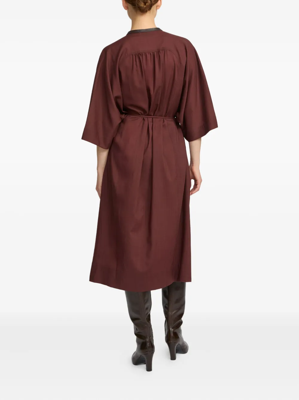 Yves Salomon Midi-jurk met leren afwerking en ceintuur Bruin