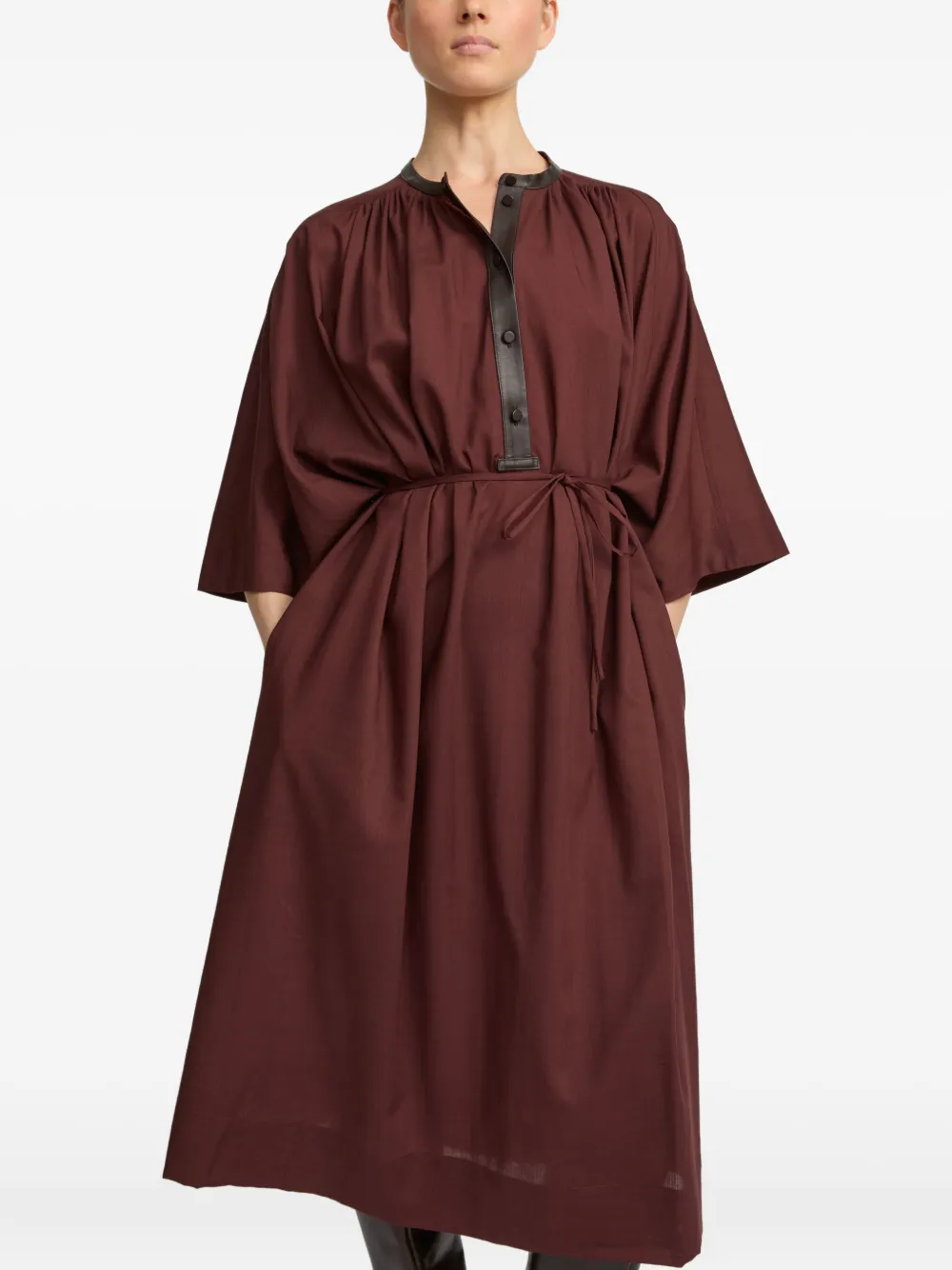 Yves Salomon Midi-jurk met leren afwerking en ceintuur Bruin