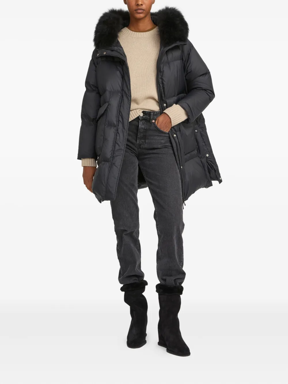 Yves Salomon lambshearling-hooded down jacket - Zwart
